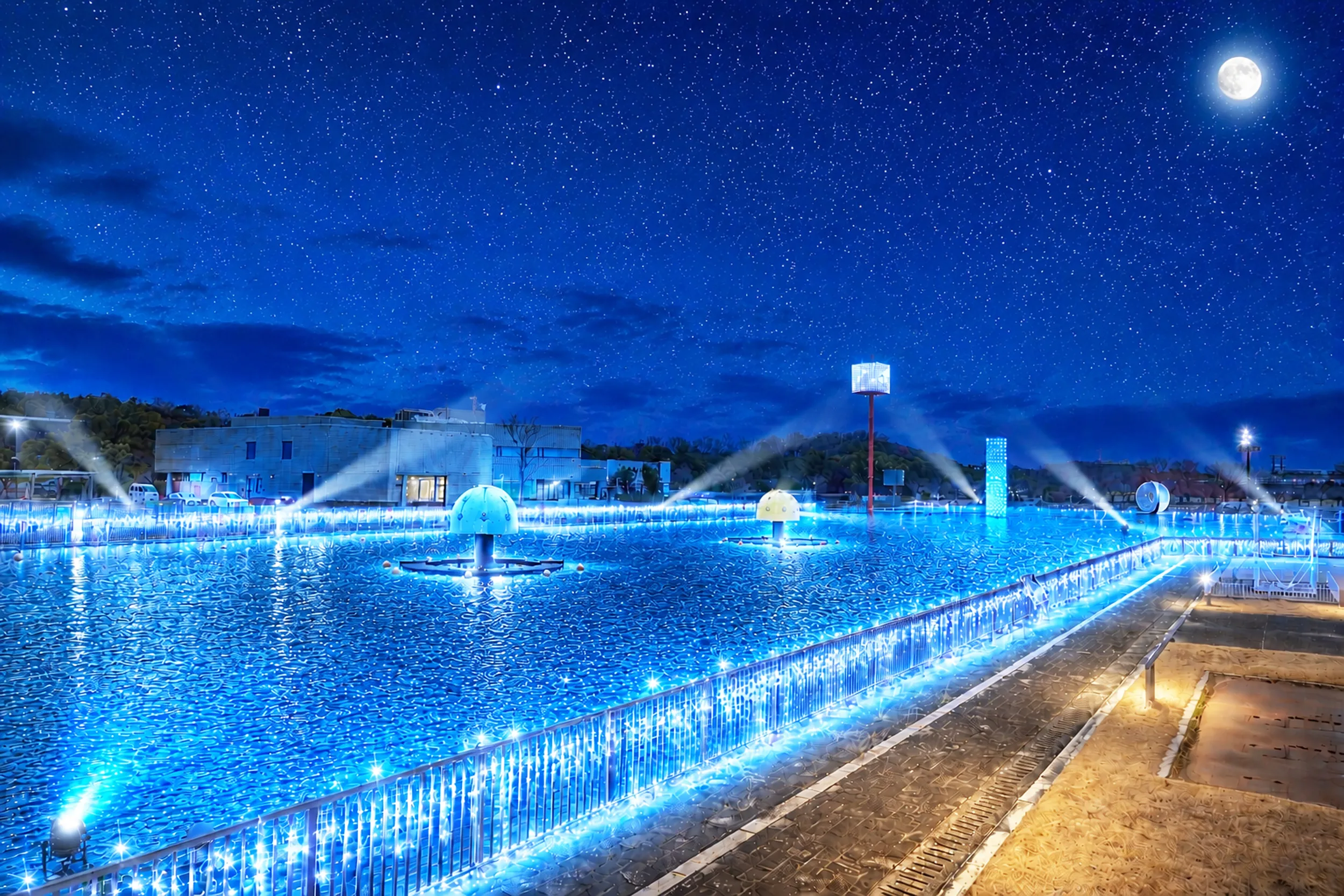 夢の池全体がブルーの光に包まれた幻想的な夜景