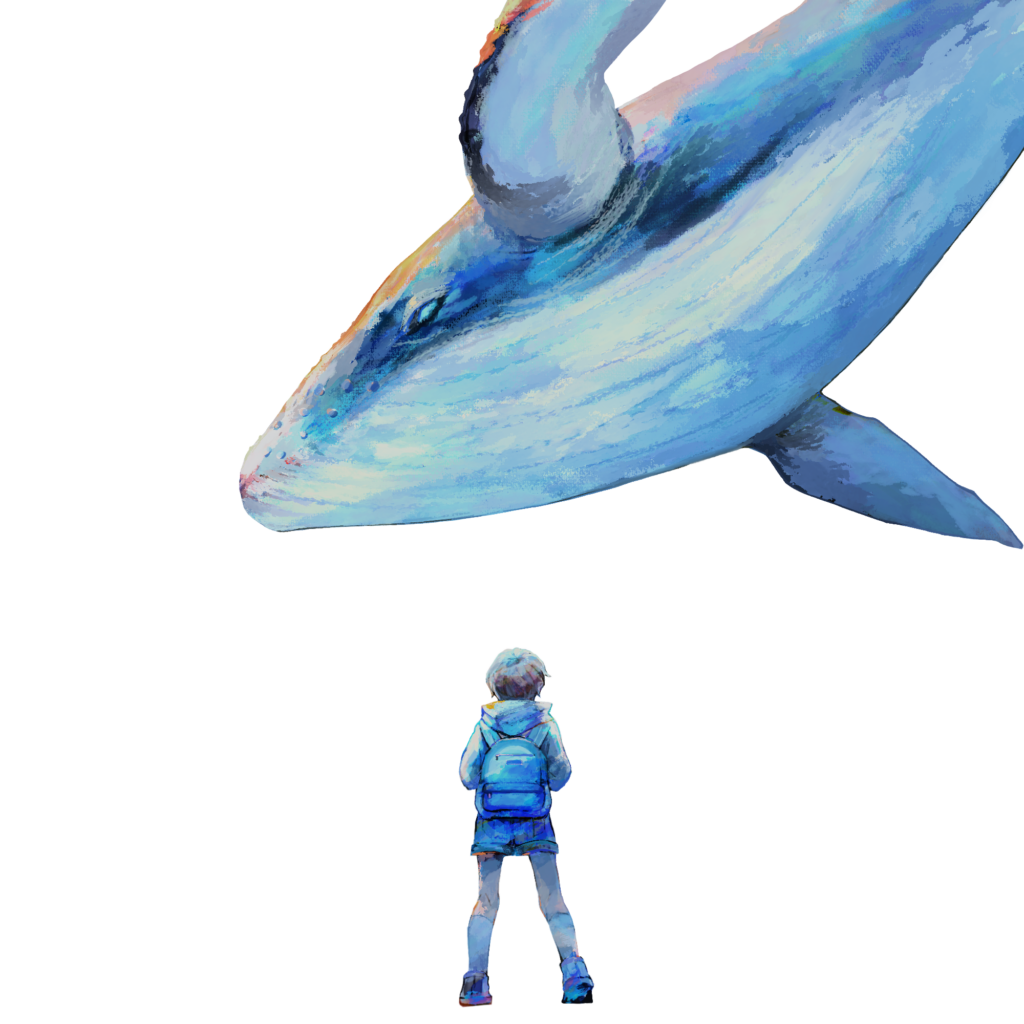 空を泳ぐ大きなクジラを見上げる、ランドセルを背負った少年